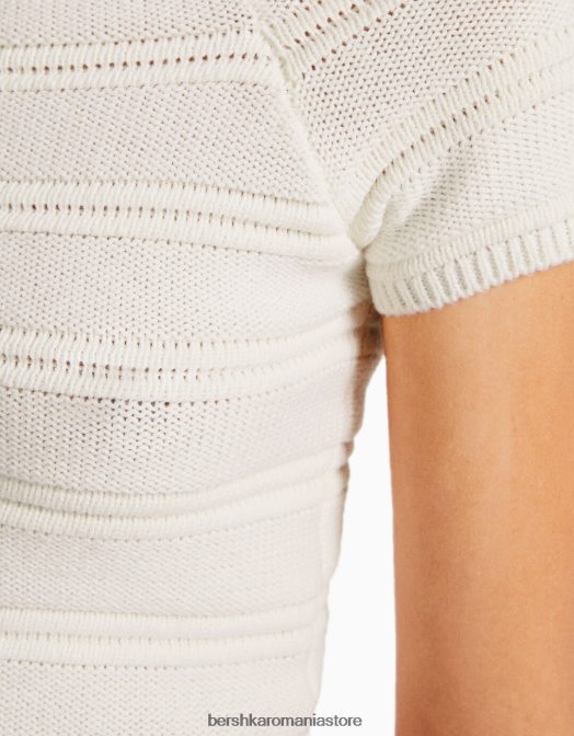 Bershka femei tricou din bumbac din tricot cu mâneci scurte cremă Z86D425 îmbrăcăminte