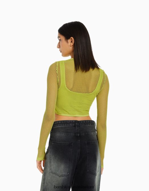 Bershka femei tricou din plasă cu mânecă lungă fără cusături lămâie verde Z86D526 îmbrăcăminte