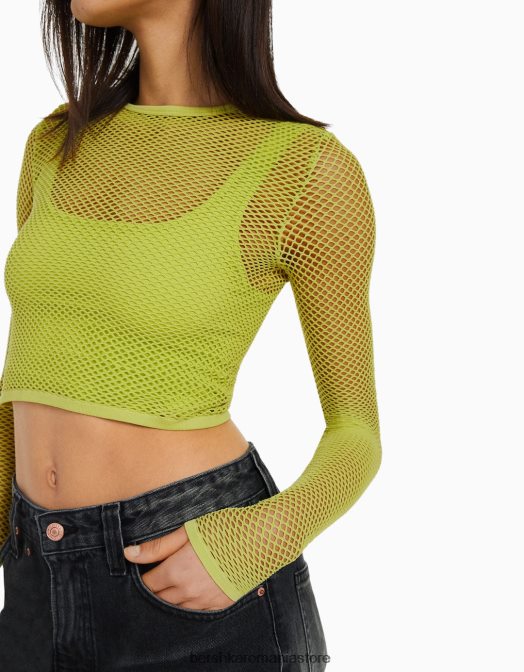 Bershka femei tricou din plasă cu mânecă lungă fără cusături lămâie verde Z86D526 îmbrăcăminte