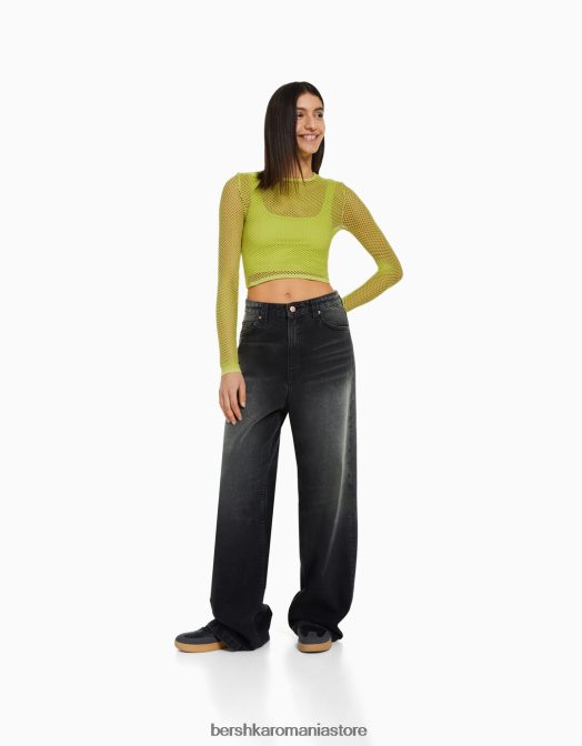 Bershka femei tricou din plasă cu mânecă lungă fără cusături lămâie verde Z86D526 îmbrăcăminte