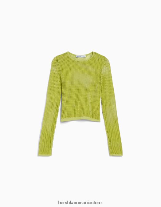 Bershka femei tricou din plasă cu mânecă lungă fără cusături lămâie verde Z86D526 îmbrăcăminte