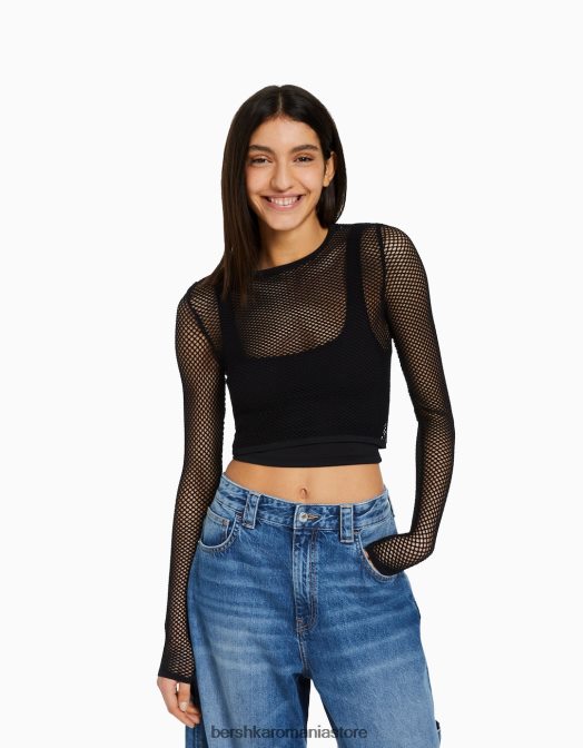 Bershka femei tricou din plasă cu mânecă lungă fără cusături negru Z86D527 îmbrăcăminte