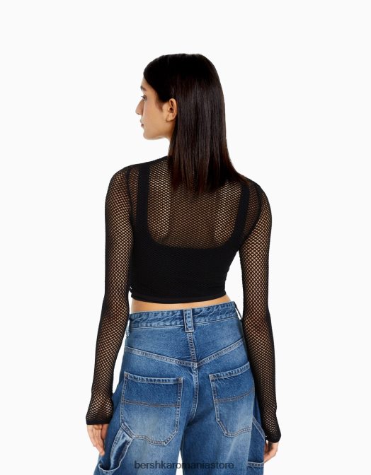 Bershka femei tricou din plasă cu mânecă lungă fără cusături negru Z86D527 îmbrăcăminte