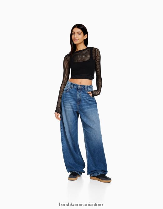 Bershka femei tricou din plasă cu mânecă lungă fără cusături negru Z86D527 îmbrăcăminte