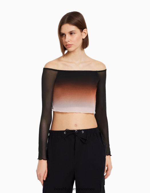 Bershka femei tricou din tul cu mânecă lungă fără umeri negru Z86D488 îmbrăcăminte