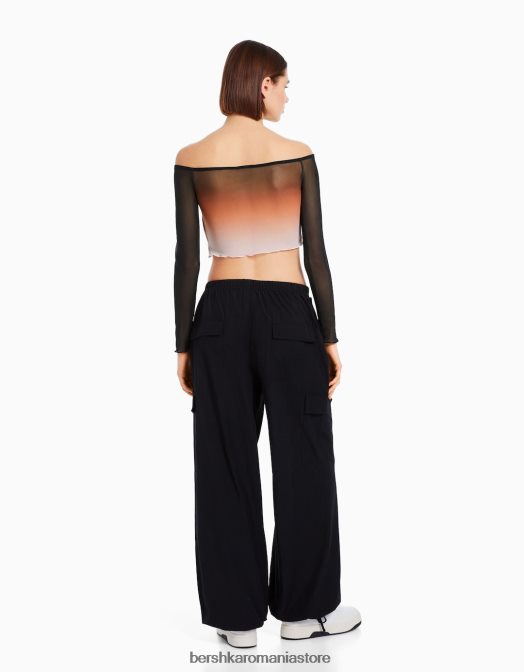 Bershka femei tricou din tul cu mânecă lungă fără umeri negru Z86D488 îmbrăcăminte