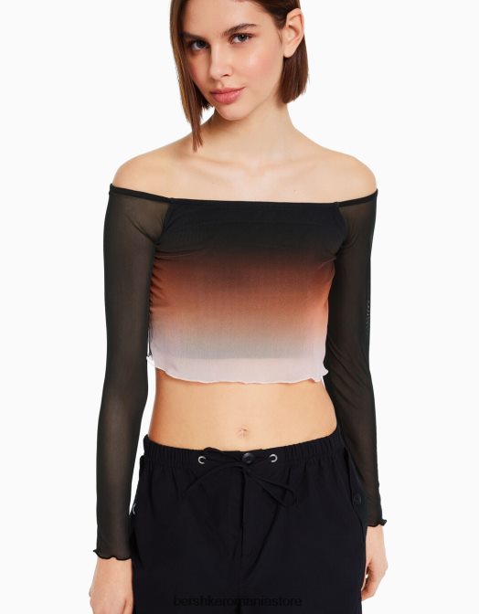 Bershka femei tricou din tul cu mânecă lungă fără umeri negru Z86D488 îmbrăcăminte