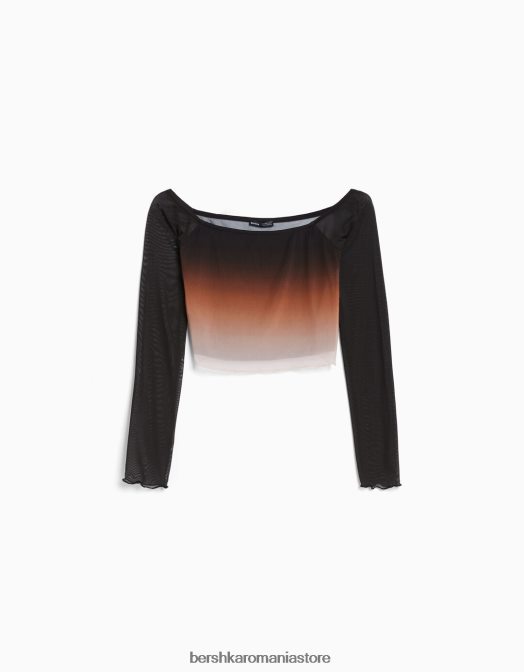 Bershka femei tricou din tul cu mânecă lungă fără umeri negru Z86D488 îmbrăcăminte