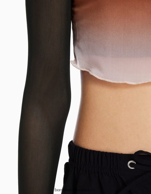 Bershka femei tricou din tul cu mânecă lungă fără umeri negru Z86D488 îmbrăcăminte