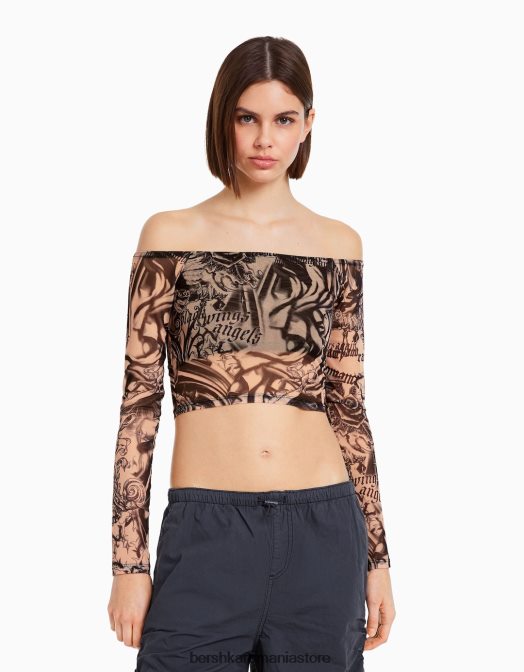 Bershka femei tricou din tul cu mânecă lungă fără umeri roz Z86D486 îmbrăcăminte