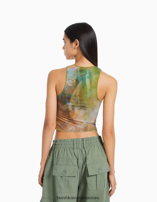 Bershka femei tricou din tul fără mâneci imprimat kaki Z86D303 îmbrăcăminte