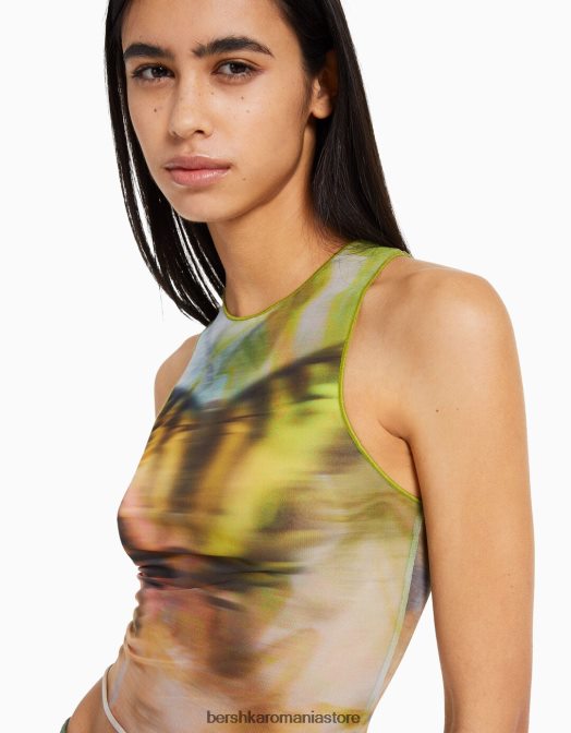Bershka femei tricou din tul fără mâneci imprimat kaki Z86D303 îmbrăcăminte