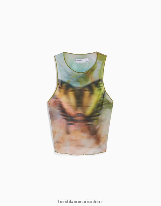 Bershka femei tricou din tul fără mâneci imprimat kaki Z86D303 îmbrăcăminte