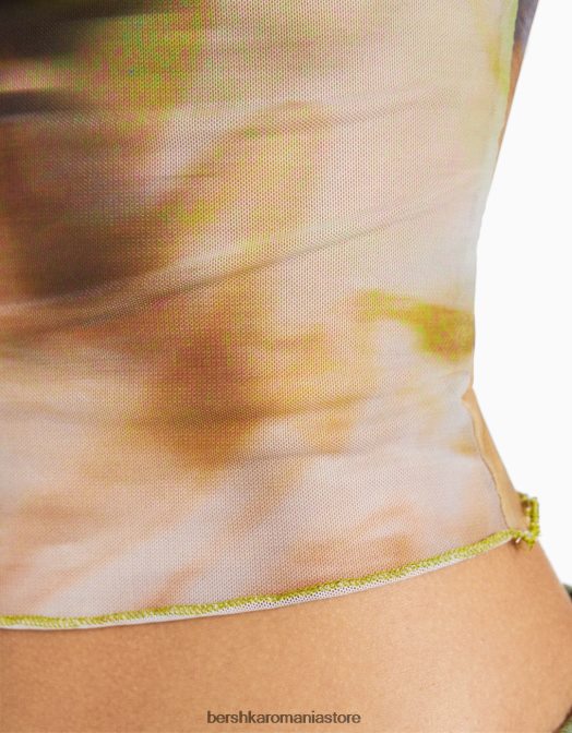 Bershka femei tricou din tul fără mâneci imprimat kaki Z86D303 îmbrăcăminte
