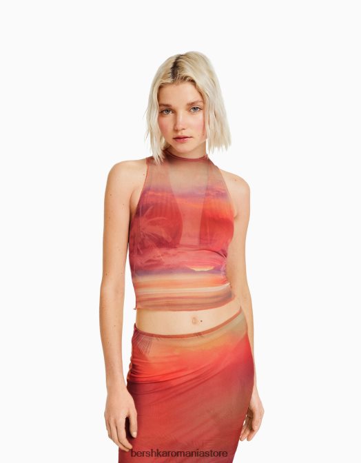 Bershka femei tricou din tul fără mâneci imprimat portocale Z86D302 îmbrăcăminte