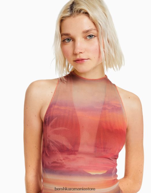 Bershka femei tricou din tul fără mâneci imprimat portocale Z86D302 îmbrăcăminte