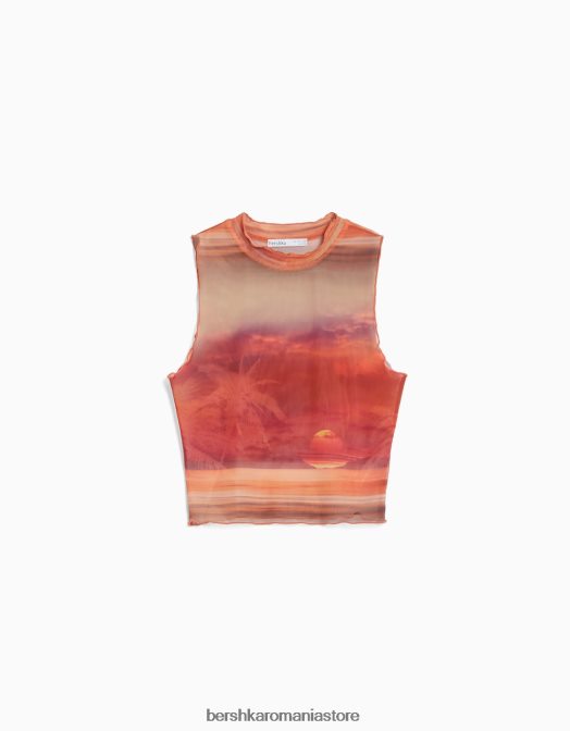 Bershka femei tricou din tul fără mâneci imprimat portocale Z86D302 îmbrăcăminte