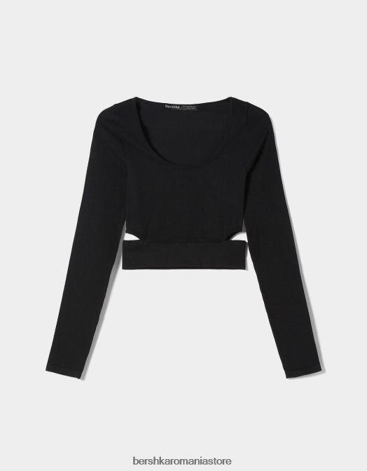 Bershka femei tricou fără cusături cu mânecă lungă, cu decupaj lateral negru Z86D354 îmbrăcăminte
