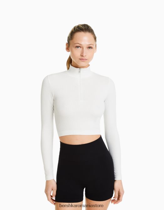 Bershka femei tricou fără cusături cu mânecă lungă, cu fermoar cremă Z86D534 îmbrăcăminte