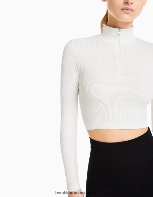 Bershka femei tricou fără cusături cu mânecă lungă, cu fermoar cremă Z86D534 îmbrăcăminte