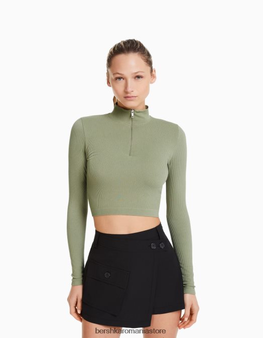 Bershka femei tricou fără cusături cu mânecă lungă, cu fermoar kaki Z86D533 îmbrăcăminte