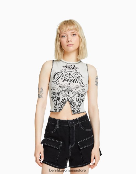 Bershka femei tricou fără mâneci cu cusături contrastante și imprimeu cremă Z86D583 îmbrăcăminte