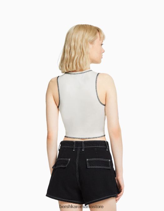Bershka femei tricou fără mâneci cu cusături contrastante și imprimeu cremă Z86D583 îmbrăcăminte