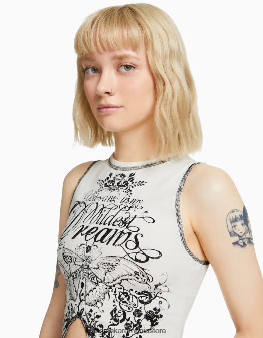 Bershka femei tricou fără mâneci cu cusături contrastante și imprimeu cremă Z86D583 îmbrăcăminte