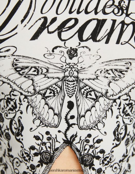 Bershka femei tricou fără mâneci cu cusături contrastante și imprimeu cremă Z86D583 îmbrăcăminte