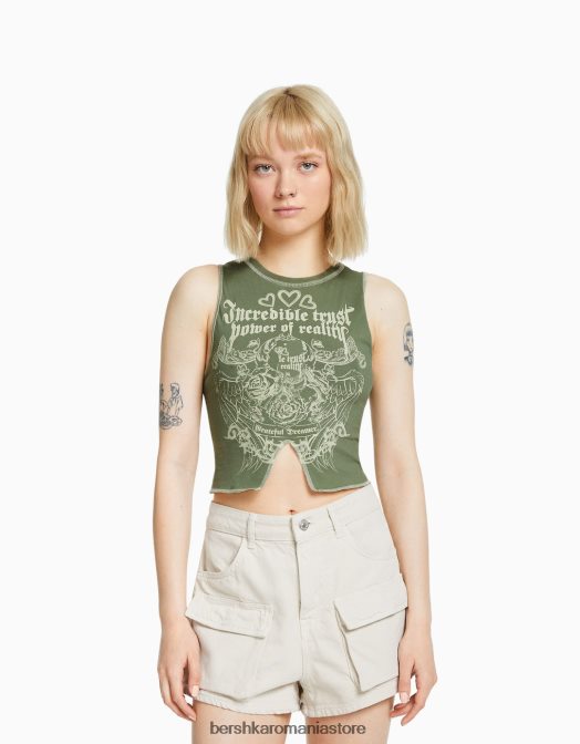 Bershka femei tricou fără mâneci cu cusături contrastante și imprimeu kaki Z86D584 îmbrăcăminte