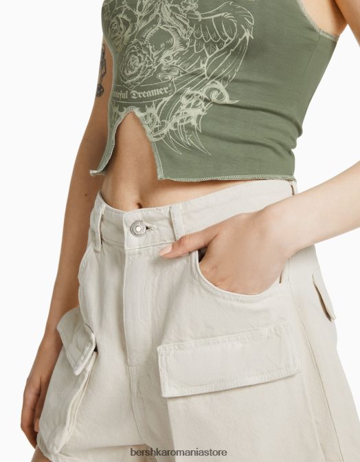 Bershka femei tricou fără mâneci cu cusături contrastante și imprimeu kaki Z86D584 îmbrăcăminte