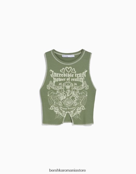 Bershka femei tricou fără mâneci cu cusături contrastante și imprimeu kaki Z86D584 îmbrăcăminte