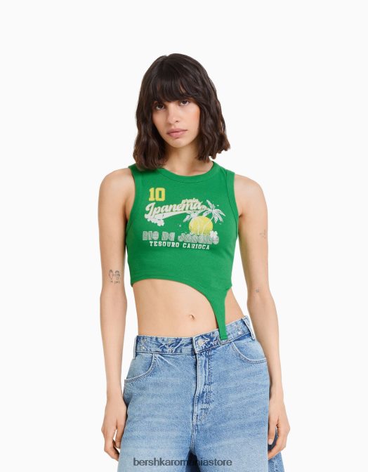 Bershka femei tricou fără mâneci cu detaliu inel imprimat verde Z86D359 îmbrăcăminte