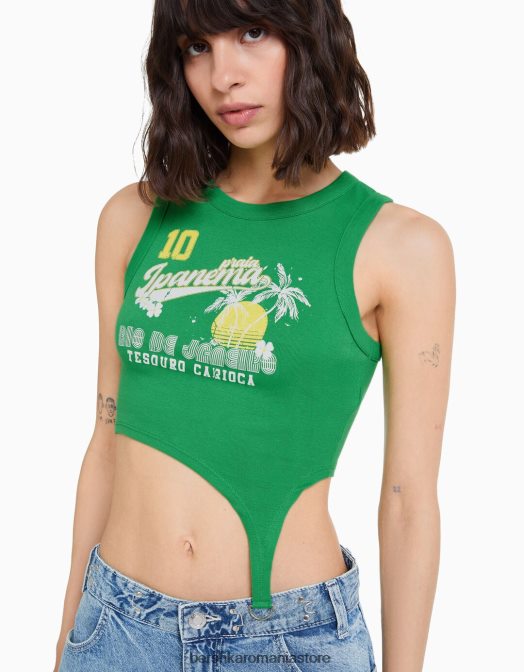 Bershka femei tricou fără mâneci cu detaliu inel imprimat verde Z86D359 îmbrăcăminte