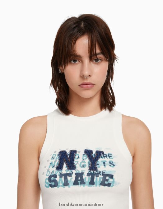 Bershka femei tricou fără mâneci cu imprimeu petic aproape alb Z86D610 îmbrăcăminte