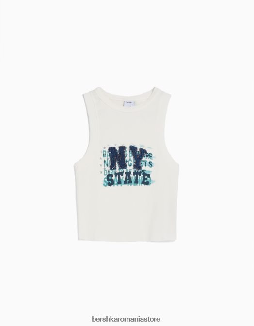 Bershka femei tricou fără mâneci cu imprimeu petic aproape alb Z86D610 îmbrăcăminte