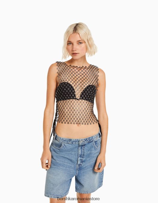 Bershka femei tricou fără mâneci cu strasuri negru Z86D463 îmbrăcăminte