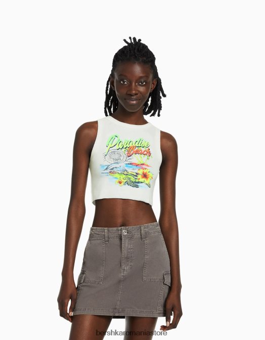 Bershka femei tricou fără mâneci imprimat cu nervuri cremă Z86D604 îmbrăcăminte