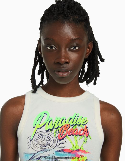 Bershka femei tricou fără mâneci imprimat cu nervuri cremă Z86D604 îmbrăcăminte