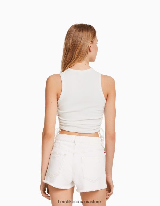 Bershka femei tricou fără mâneci imprimat cu părțile încrețite aproape alb Z86D632 îmbrăcăminte