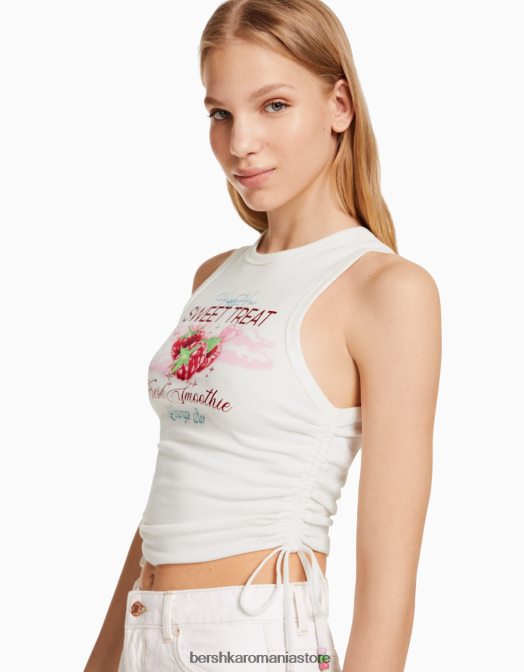 Bershka femei tricou fără mâneci imprimat cu părțile încrețite aproape alb Z86D632 îmbrăcăminte