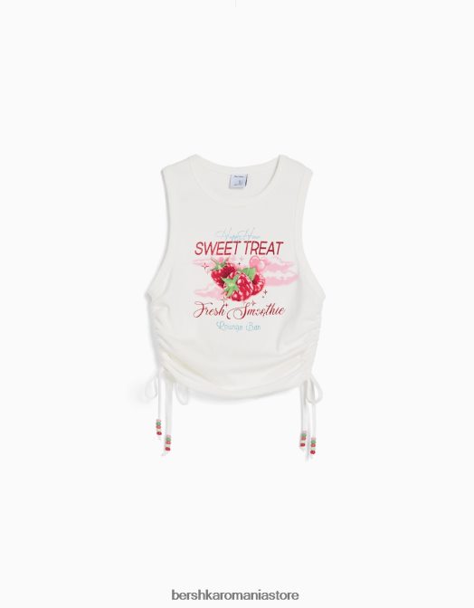 Bershka femei tricou fără mâneci imprimat cu părțile încrețite aproape alb Z86D632 îmbrăcăminte