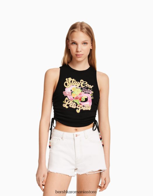 Bershka femei tricou fără mâneci imprimat cu părțile încrețite negru Z86D631 îmbrăcăminte