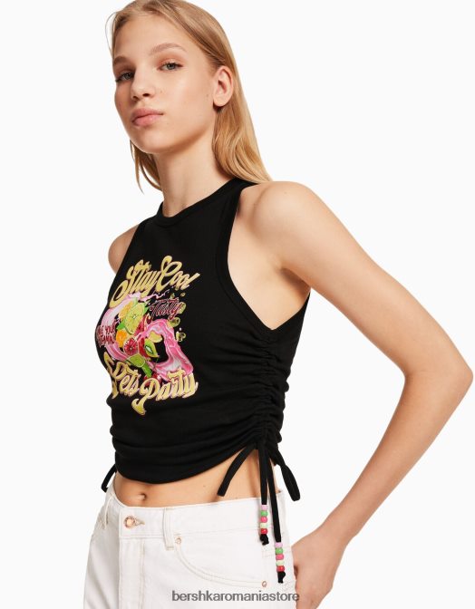 Bershka femei tricou fără mâneci imprimat cu părțile încrețite negru Z86D631 îmbrăcăminte