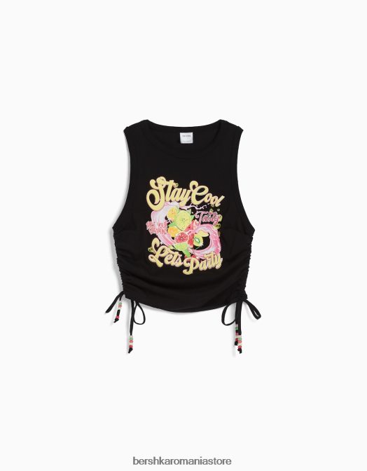 Bershka femei tricou fără mâneci imprimat cu părțile încrețite negru Z86D631 îmbrăcăminte