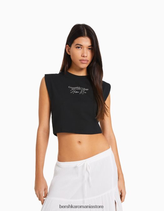 Bershka femei tricou fără mâneci imprimat gri inchis Z86D318 îmbrăcăminte