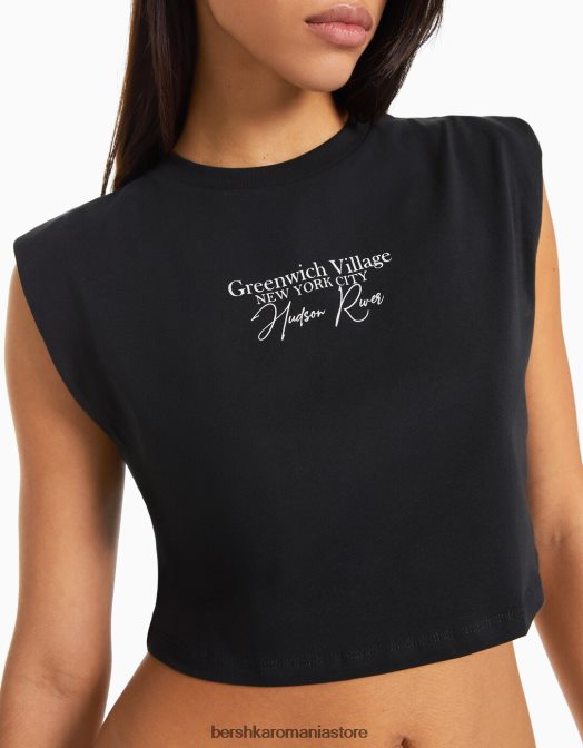 Bershka femei tricou fără mâneci imprimat gri inchis Z86D318 îmbrăcăminte