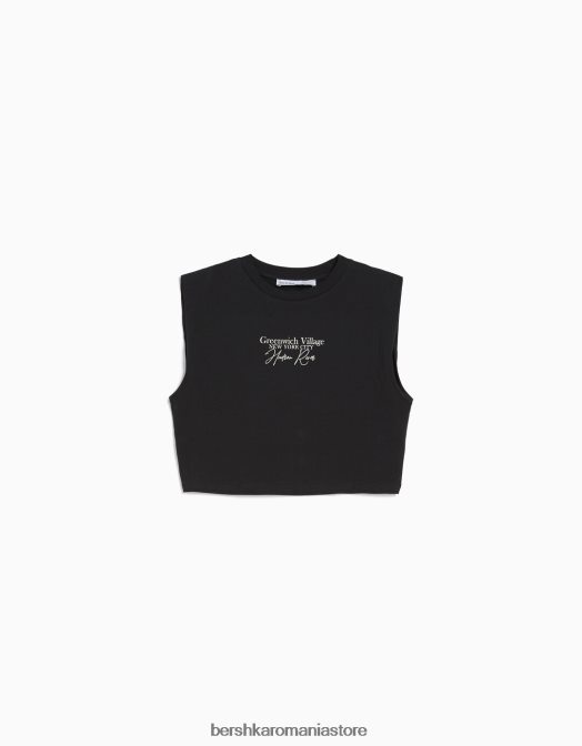 Bershka femei tricou fără mâneci imprimat gri inchis Z86D318 îmbrăcăminte