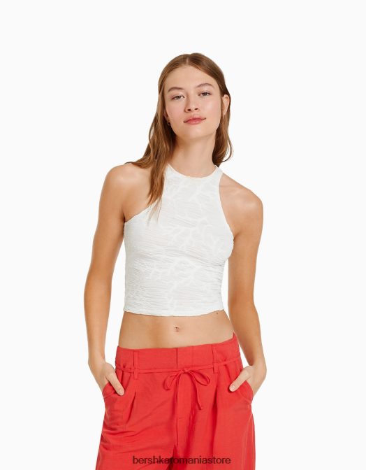 Bershka femei tricou fără mâneci texturat cremă Z86D376 îmbrăcăminte