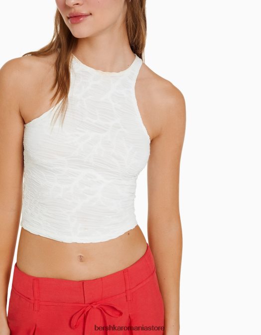 Bershka femei tricou fără mâneci texturat cremă Z86D376 îmbrăcăminte